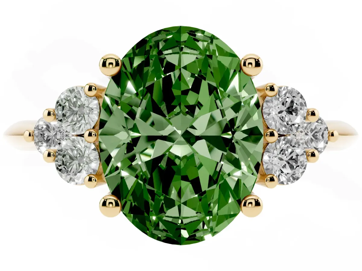 Fancy Green Oval Cut Cut Diamond Cluster Ring with Solitaire Band and Four-Prong Setting Yellow gold
