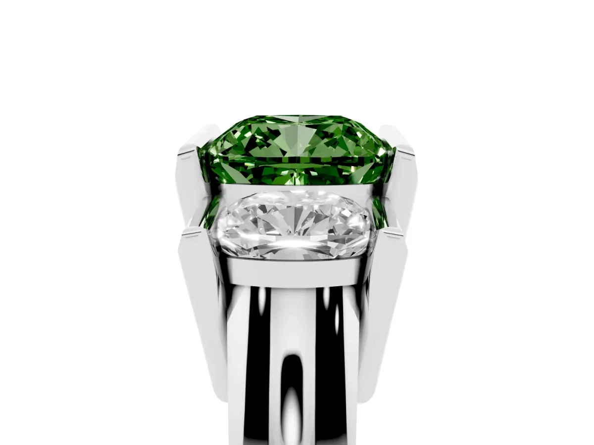 Fancy Green Three Stone Cushion Cut Cut Channel Set Diamond Ring Silver
