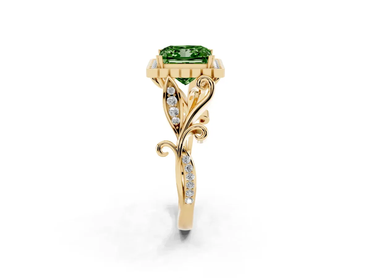 Fancy Green Princess Cut Diamond Halo Ring with Vintage Split Shank and Four-Prong Setting Yellow gold