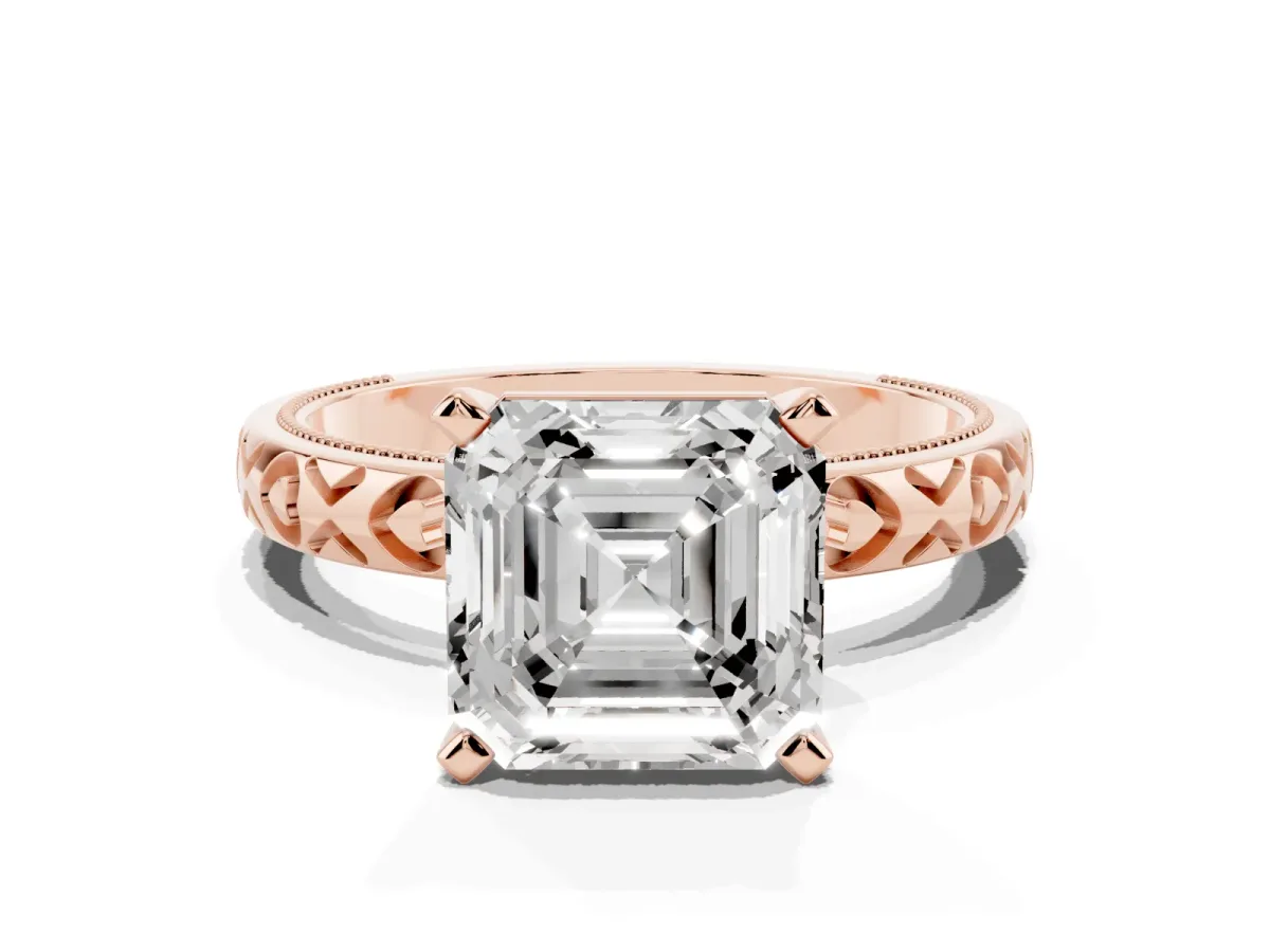 Asscher Cut Solitaire Diamond Engagement Ring with XO Engraved Band and Four-Prong Setting Rose gold