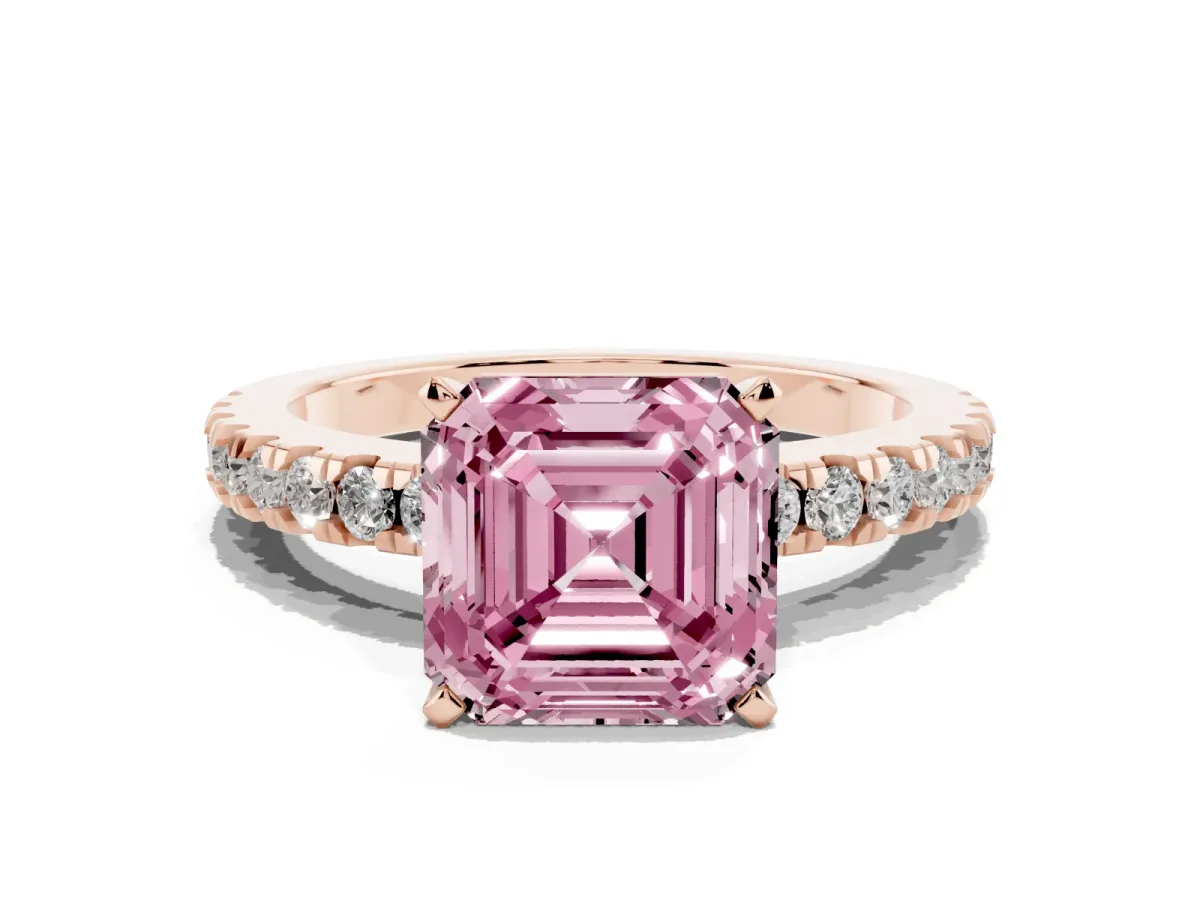 Fancy Pink Asscher Cut Solitaire Diamond with Pavé Band and Four-Prong Setting Rose gold