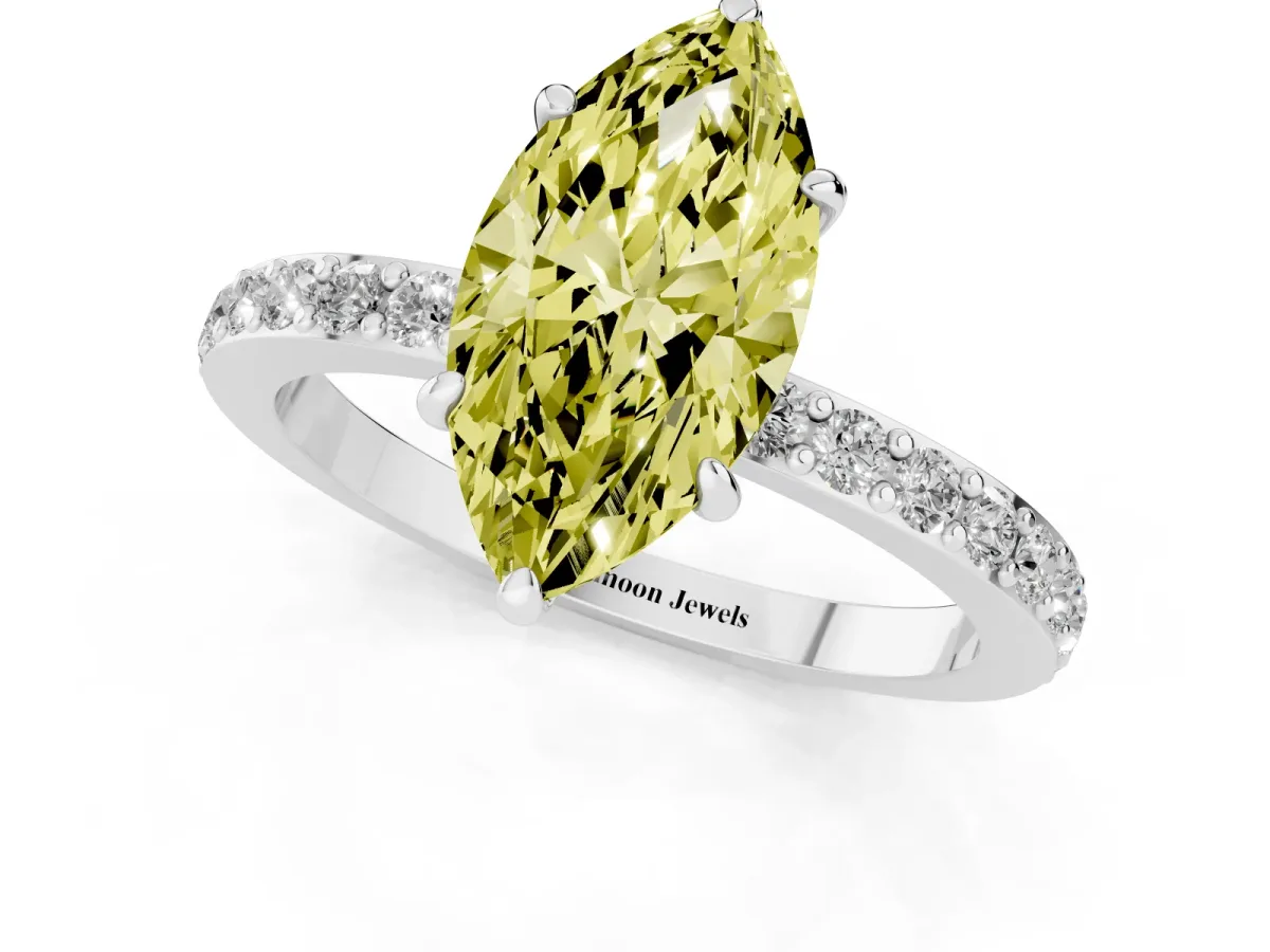 Fancy Yellow Marquise Cut Diamond Pavé Engagement Ring with Round Accents and Prong Setting Silver