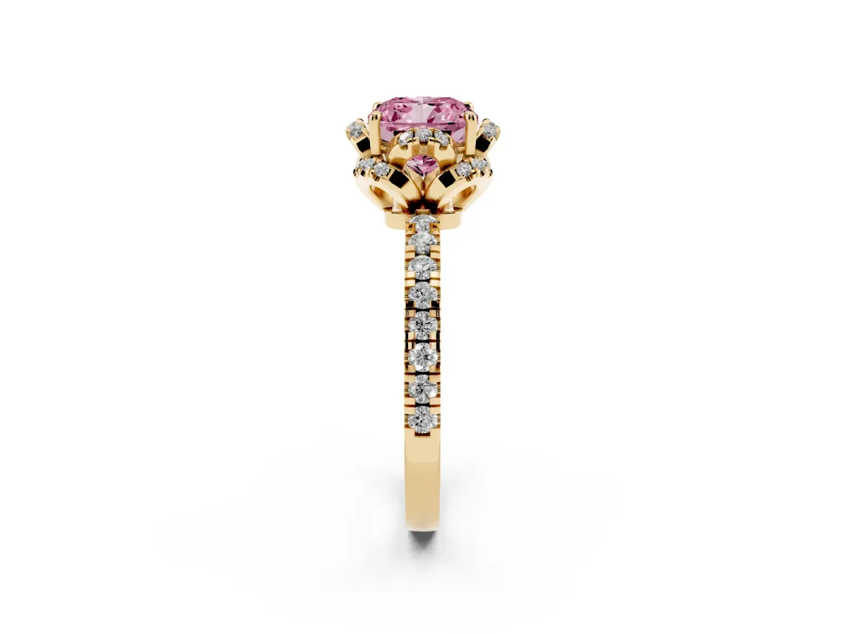 Fancy Pink Cushion Cut Diamond Halo Pave Band with Four-Prong Setting Yellow gold