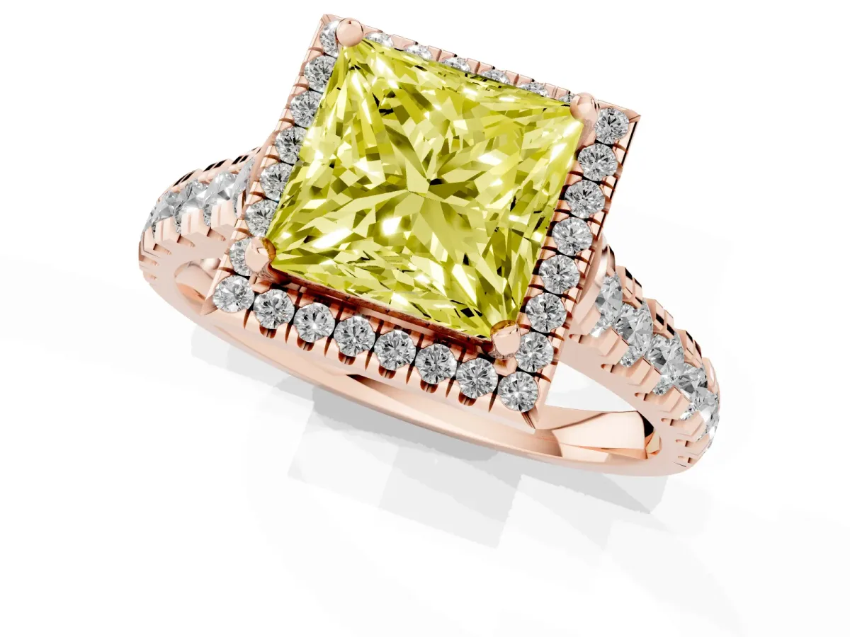 Fancy Yellow Princess Cut Halo Pavé Diamond Engagement Ring with Four-Prong Setting Rose gold