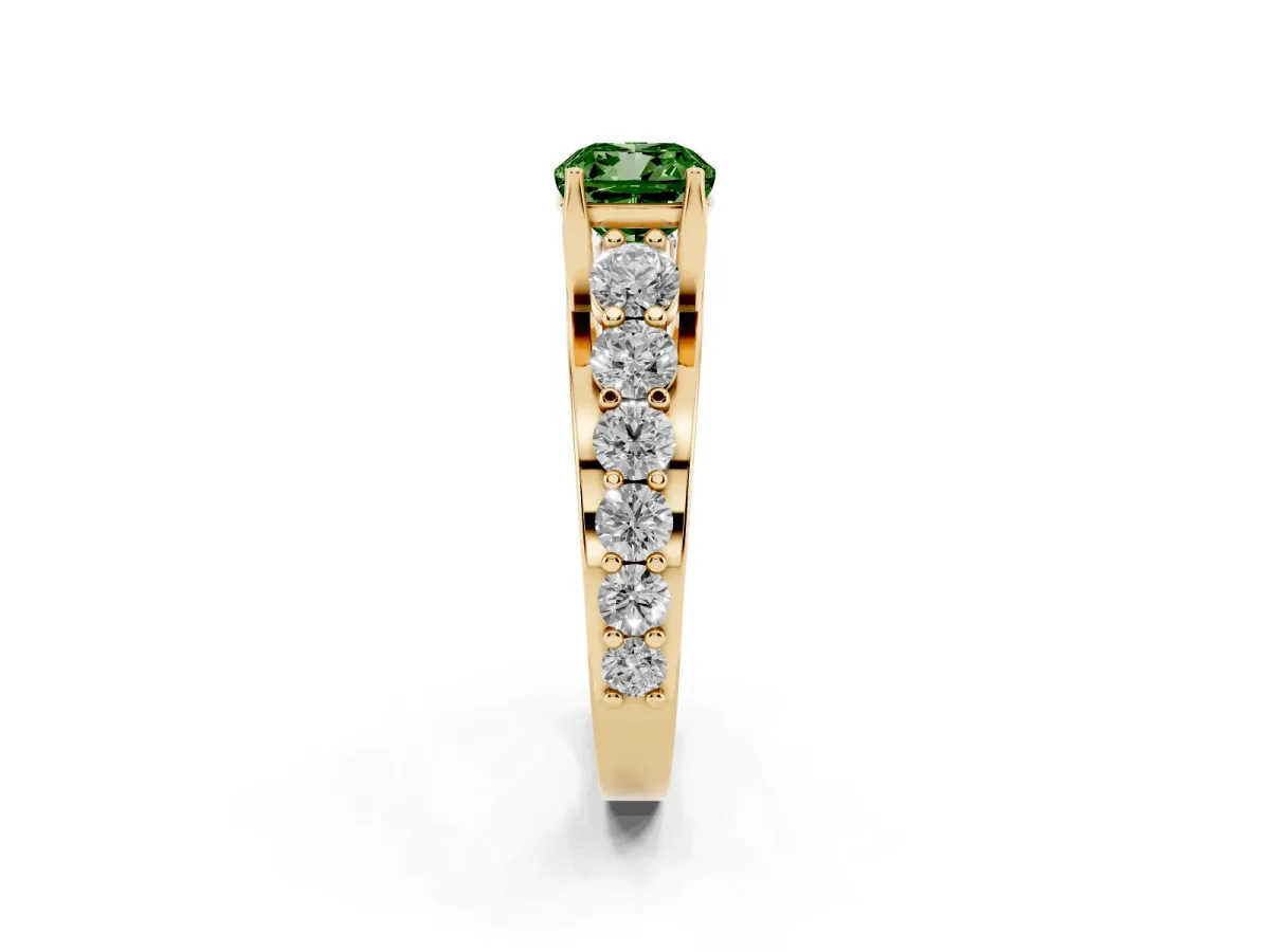Fancy Green Cushion Cut Diamond Engagement Ring with Pavé Band and Four-Prong Setting Yellow gold