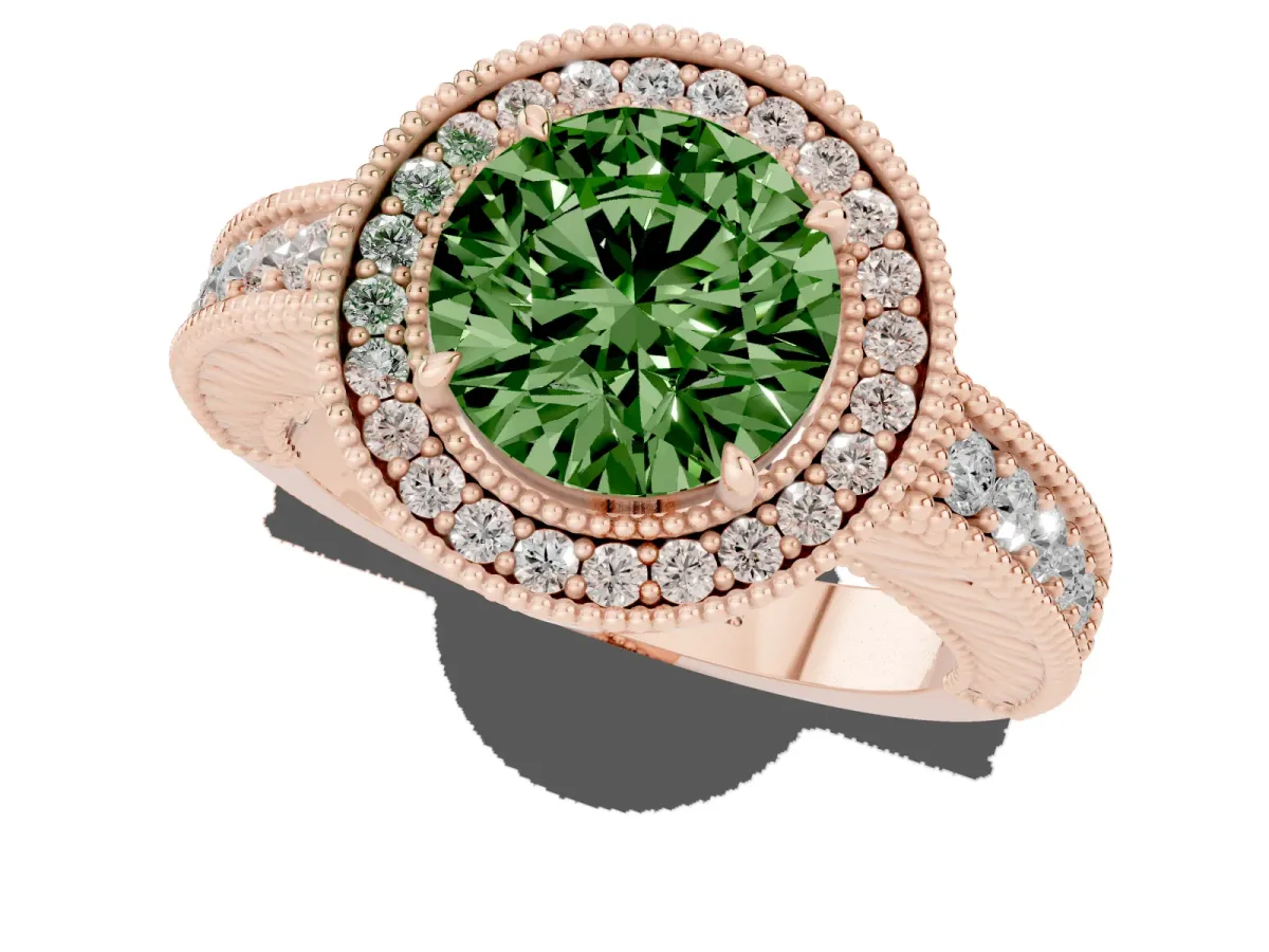Fancy Green Round Cut Cut Halo Diamond Ring with Pavé Band and Four-Prong Setting Rose gold