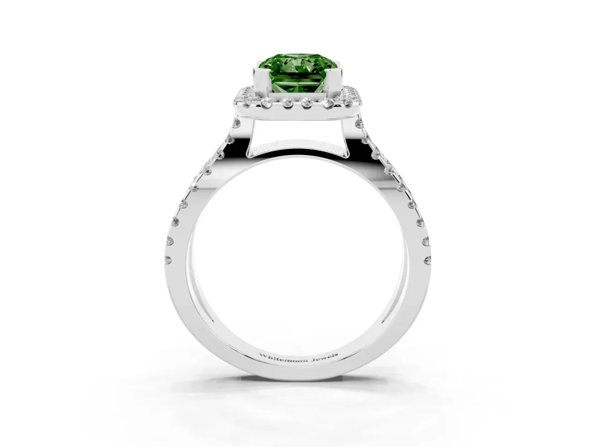 Fancy Green Radiant Cut Diamond Halo Ring with Split Shank Pavé Band and Prong Setting Silver