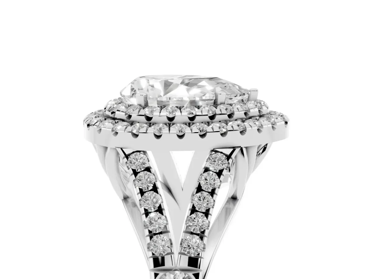Double Halo Pear Cut Diamond Split Shank Engagement Ring with Four-Prong Setting Silver