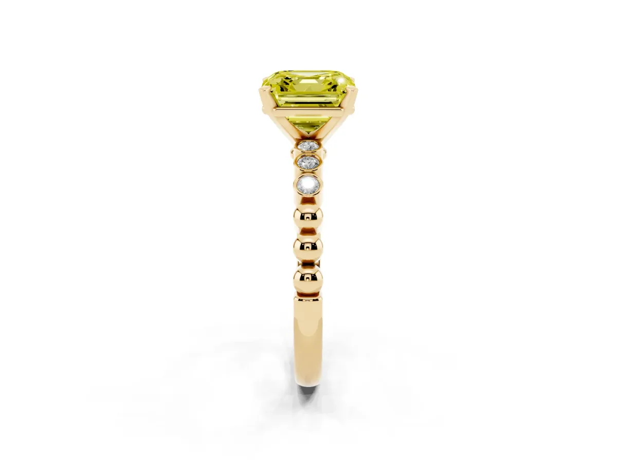 Fancy Yellow Asscher Cut Solitaire Bezel Accent Diamond Engagement Ring with Beaded Band and Four-Prong Setting Yellow gold