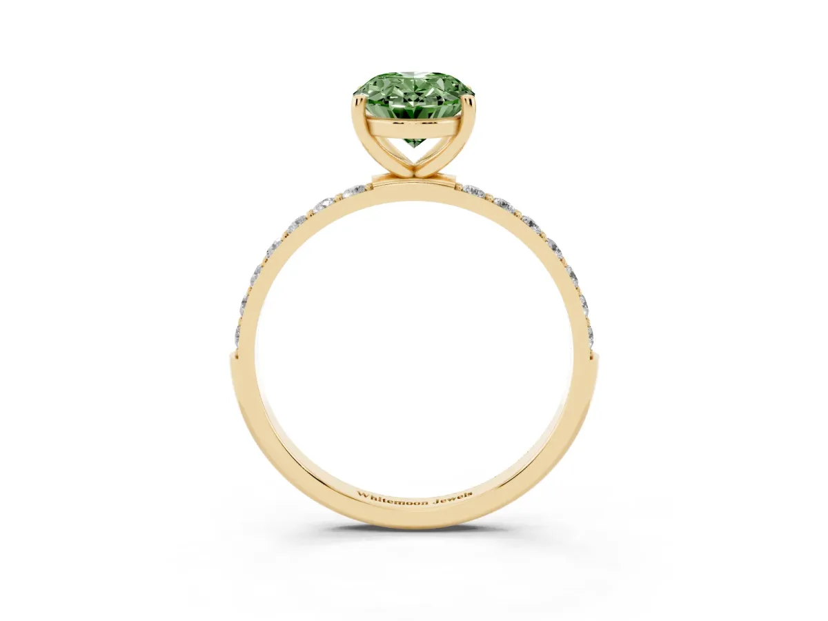 Fancy Green Oval Cut Diamond Solitaire Ring with Round Pavé Shoulders and Prong Setting Yellow gold