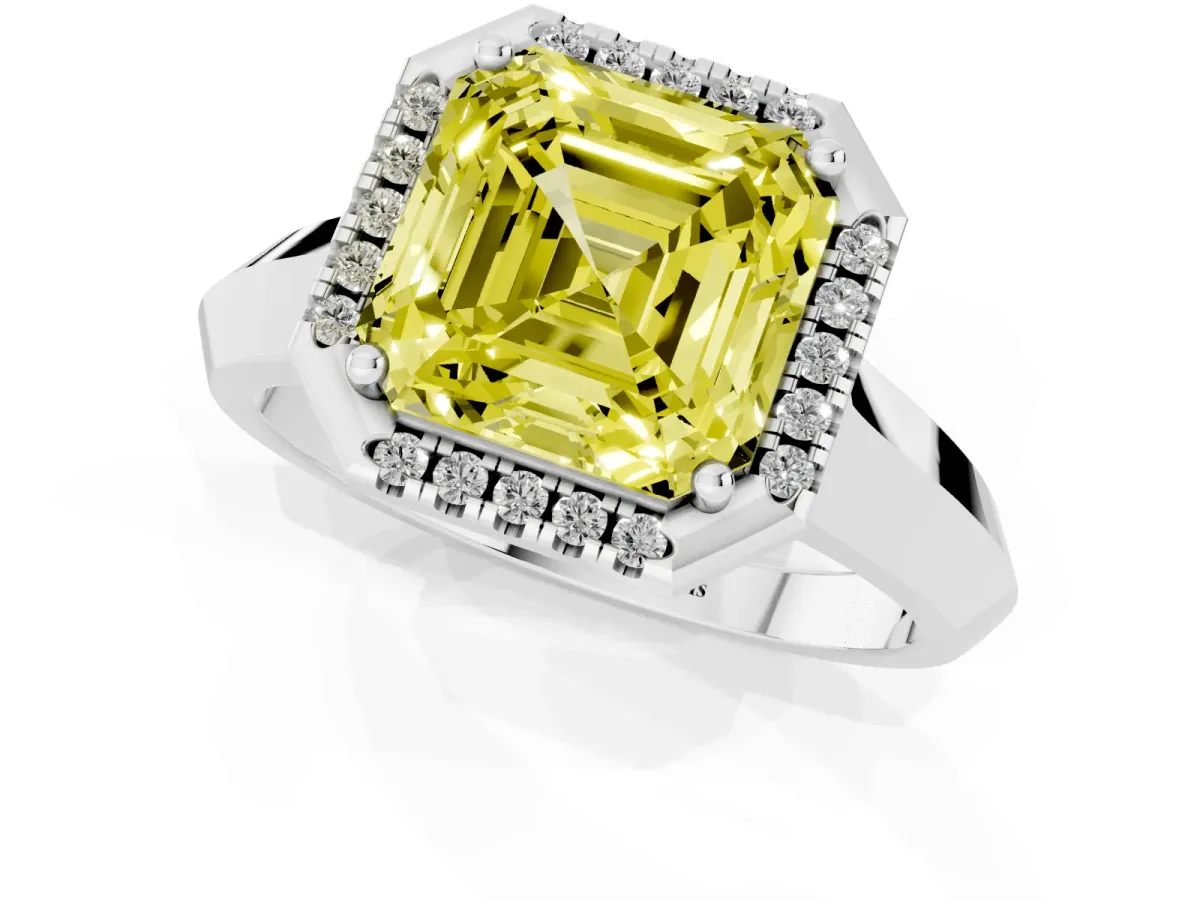 Fancy Yellow Asscher Cut Halo Diamond Ring with Cathedral Band and Four-Prong Setting Silver