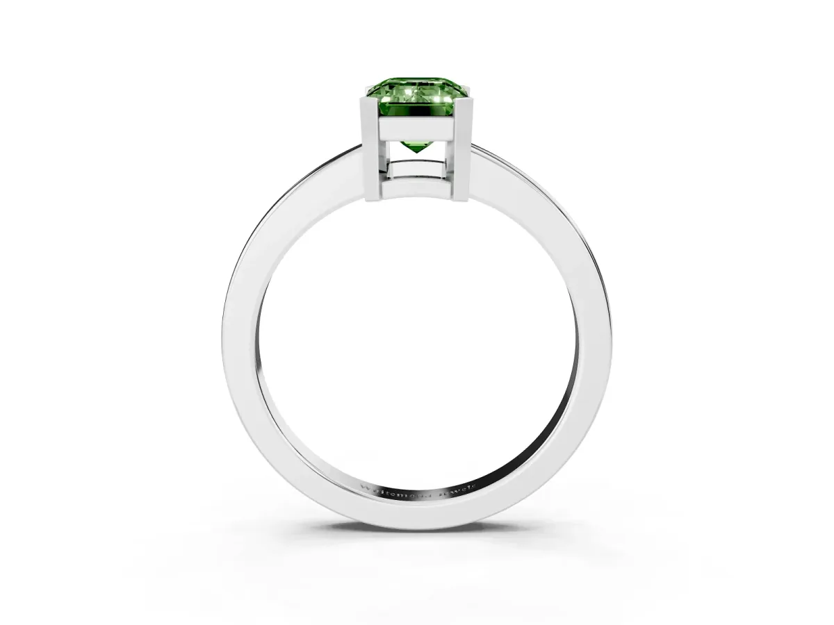 Fancy Green Emerald Cut Cut Solitaire Ring with Four-Prong Setting and Classic Band Platinum