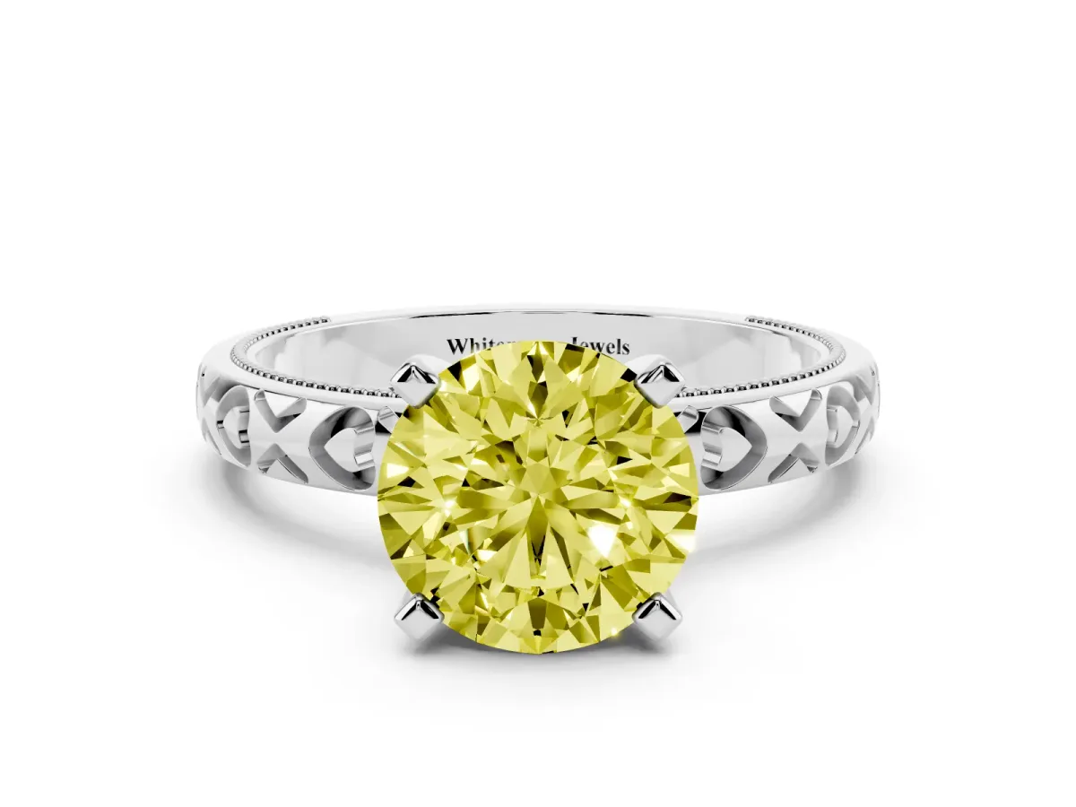 Fancy Yellow Round Cut Solitaire Diamond Engagement Ring with XO Engraved Band and Four-Prong Setting Silver