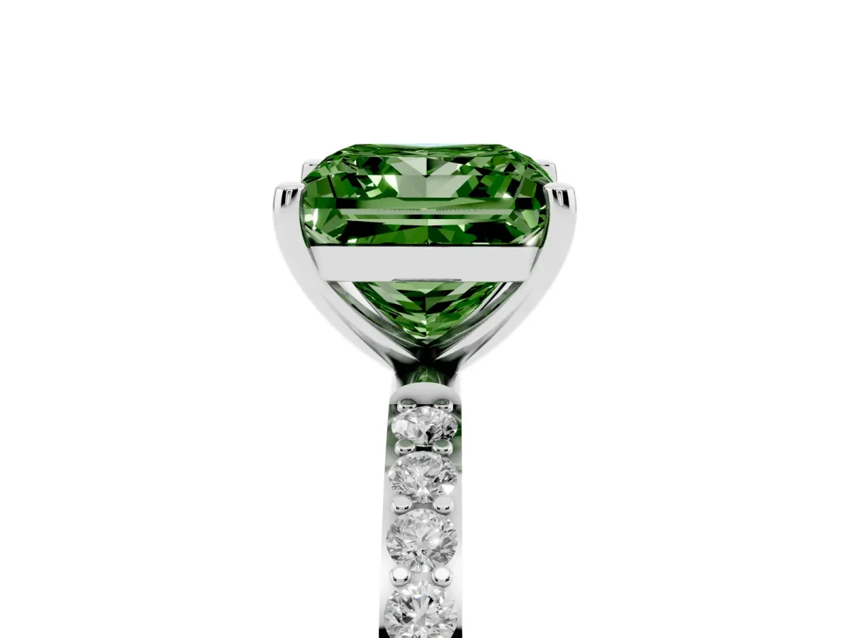 Fancy Green Princess Cut Diamond Solitaire Ring with Round Pavé Shoulders and Prong Setting Silver