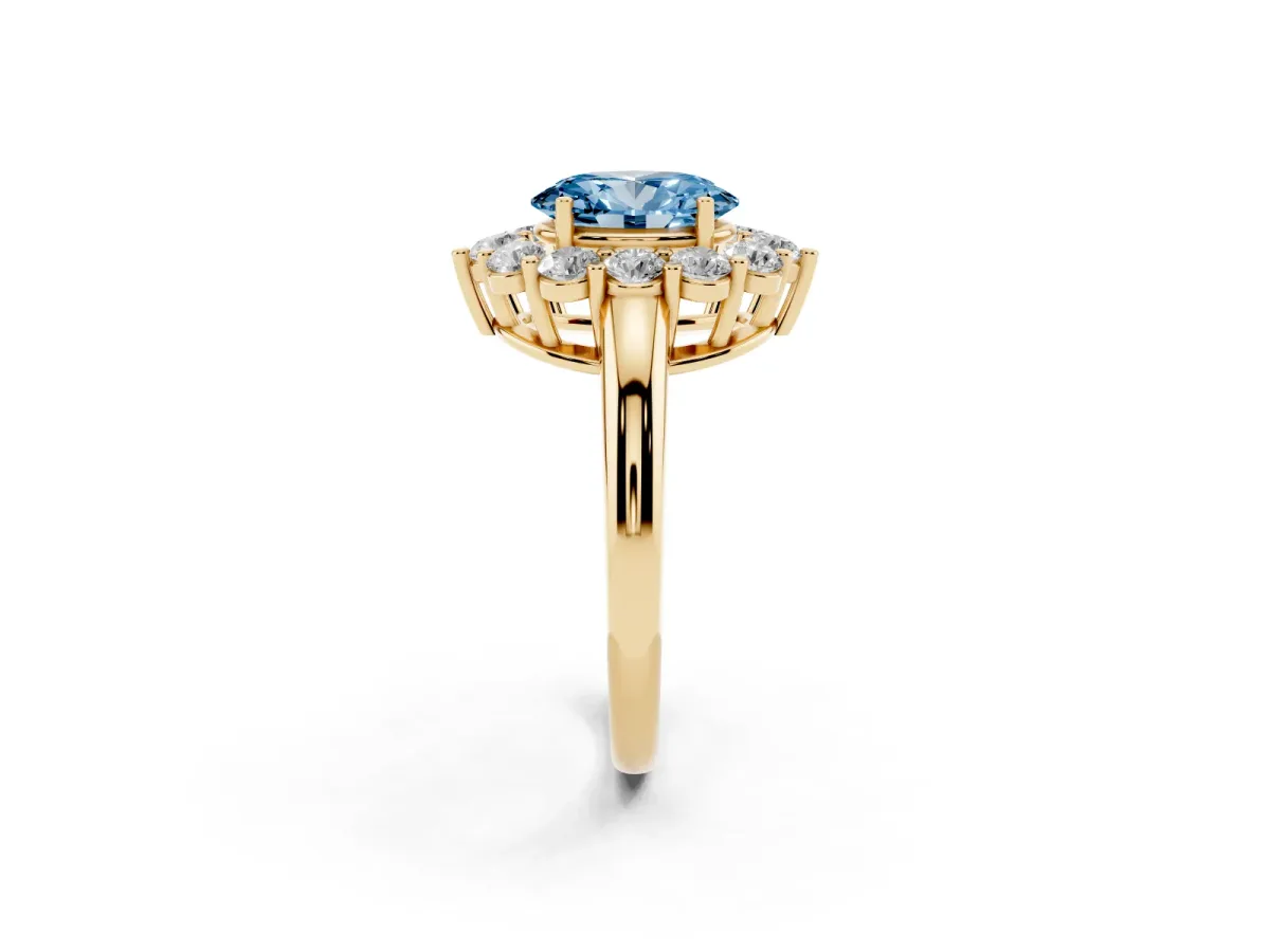 Fancy Blue Oval Cut Halo Cluster Diamond Engagement Ring with Prong Setting and Polished Band Yellow gold