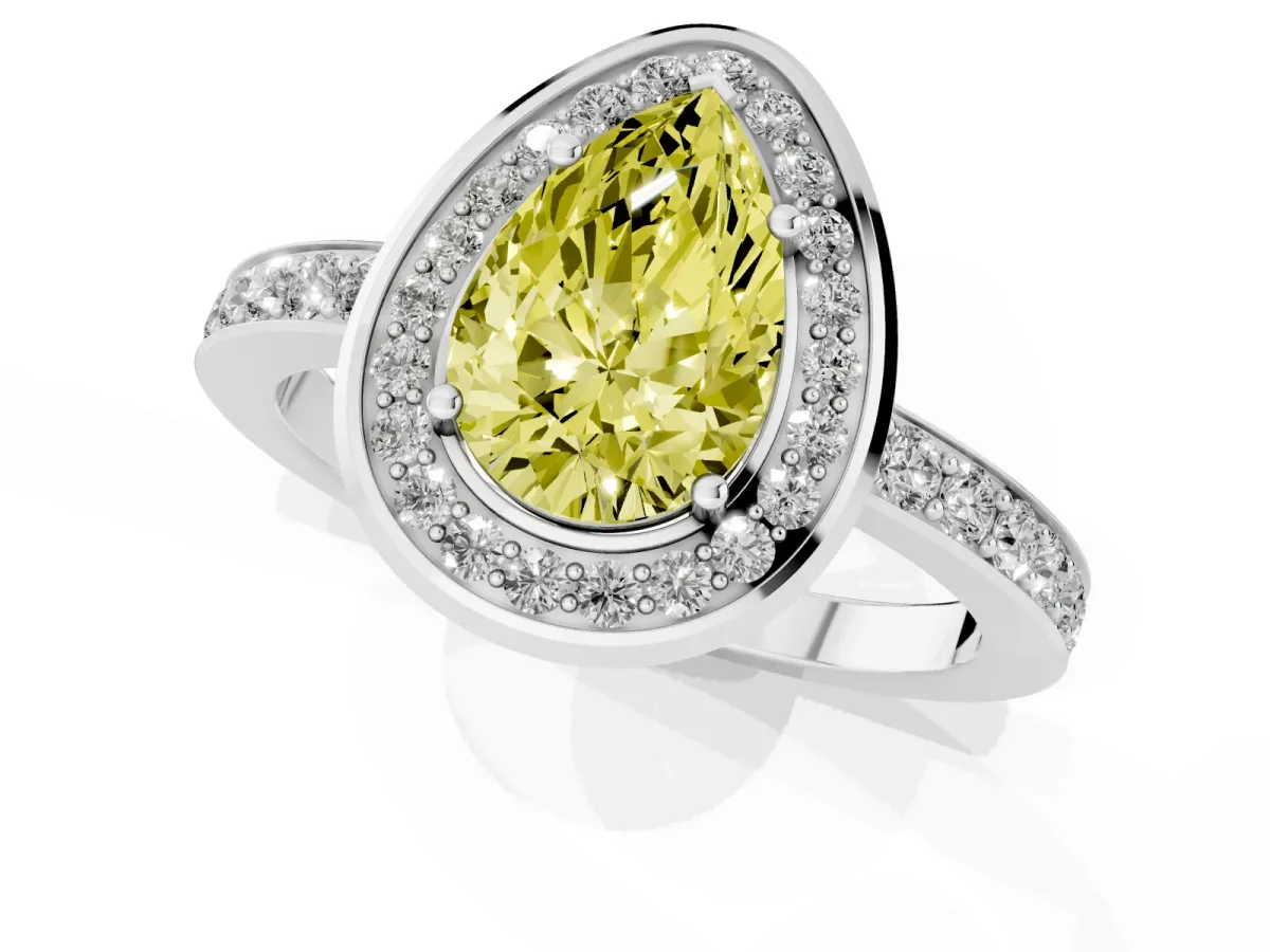Fancy Yellow Pear Cut Diamond Halo Ring with Bezel Frame and Pavé Band Silver