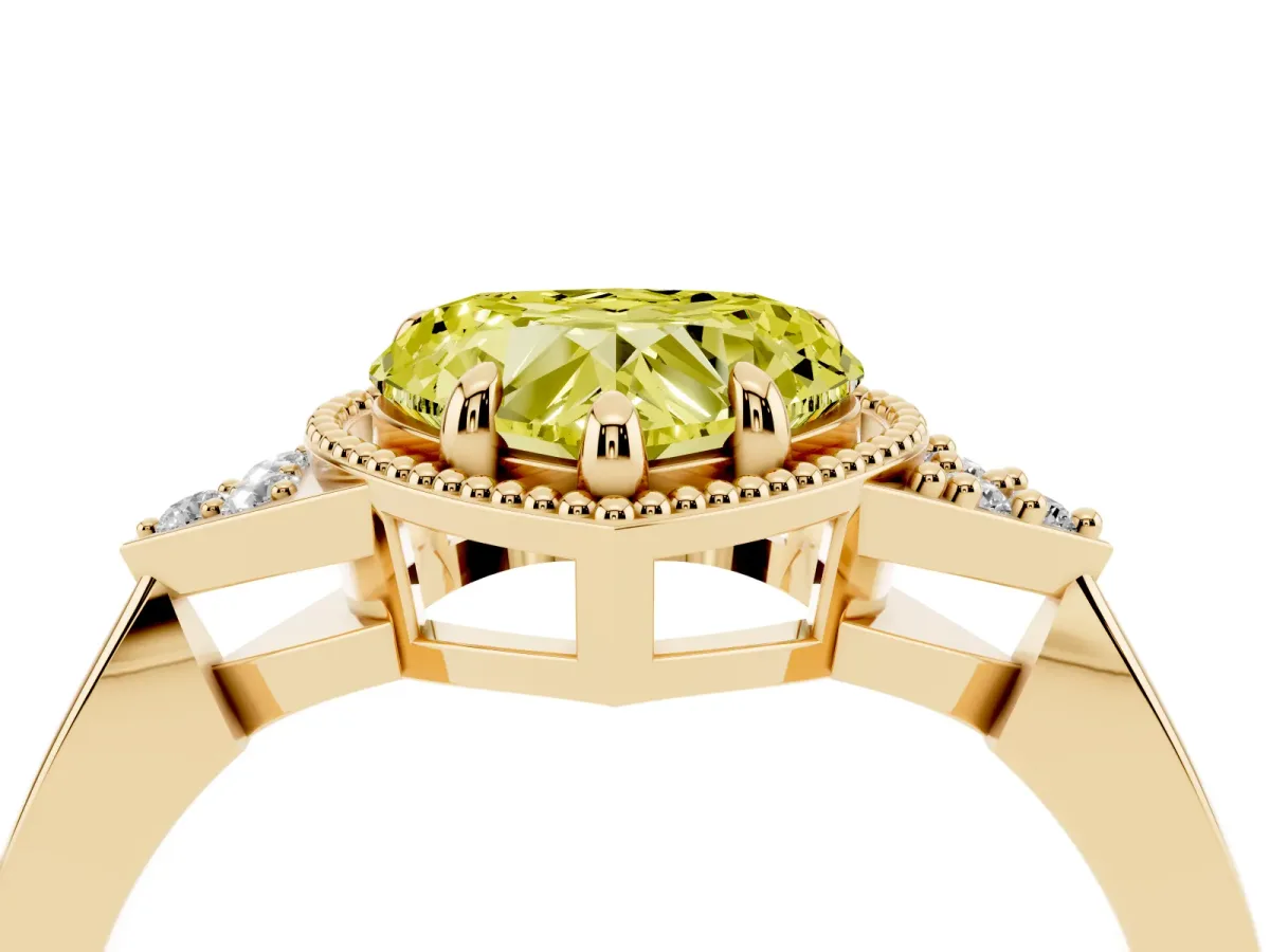 Fancy Yellow Hexagonal Halo Heart Cut Diamond Solitaire with Pavé Band and Four-Prong Setting Yellow gold
