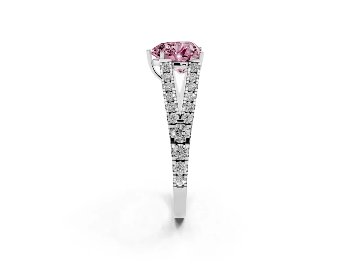 Fancy Pink Heart Cut Diamond Split Shank Engagement Ring with Round Pavé and Prong Setting Silver