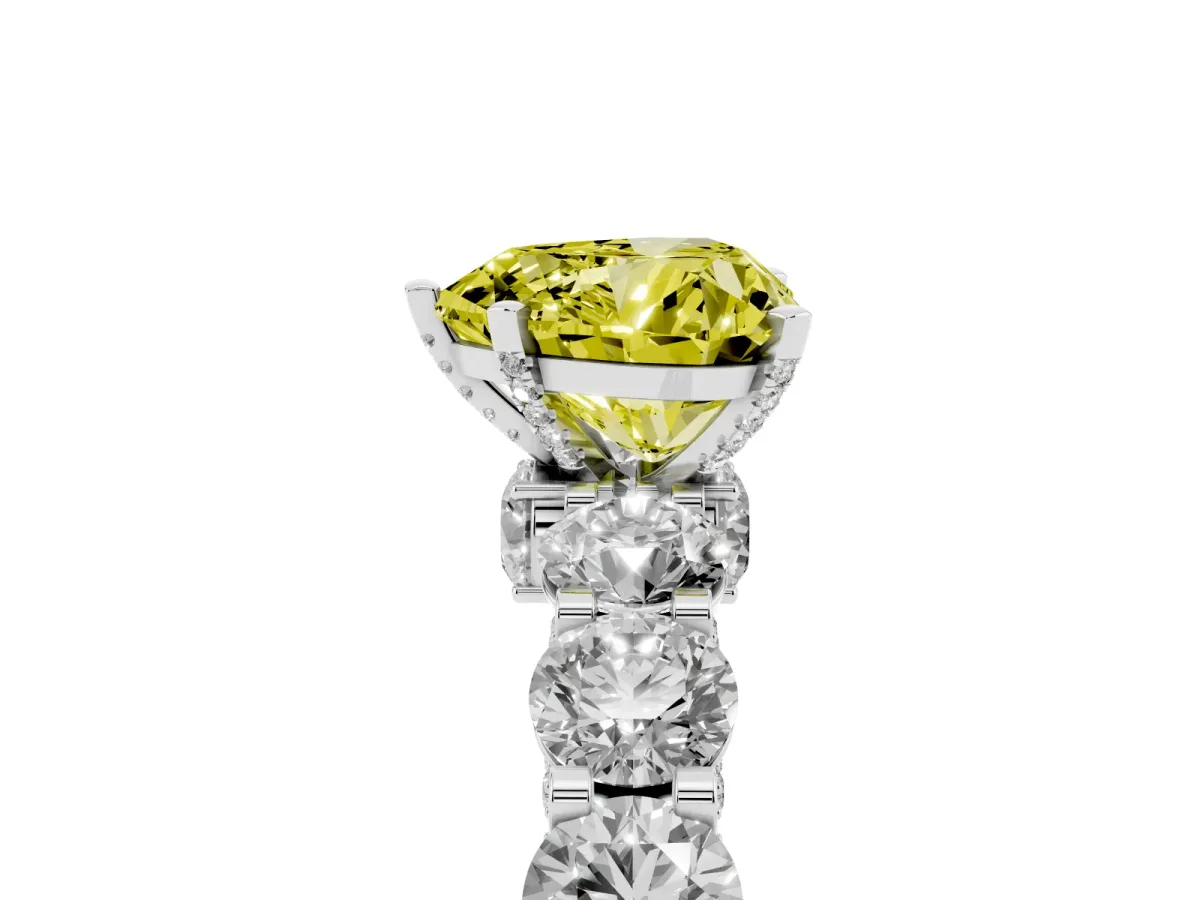 Fancy Yellow Heart Cut Diamond Side Stone Engagement Ring with Four-Prong Setting Silver