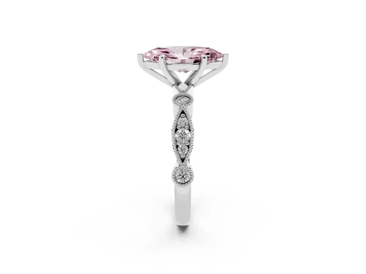 Fancy Pink Marquise Cut Milgrain Bezel Diamond Engagement Ring with Solitaire Prong Setting Silver