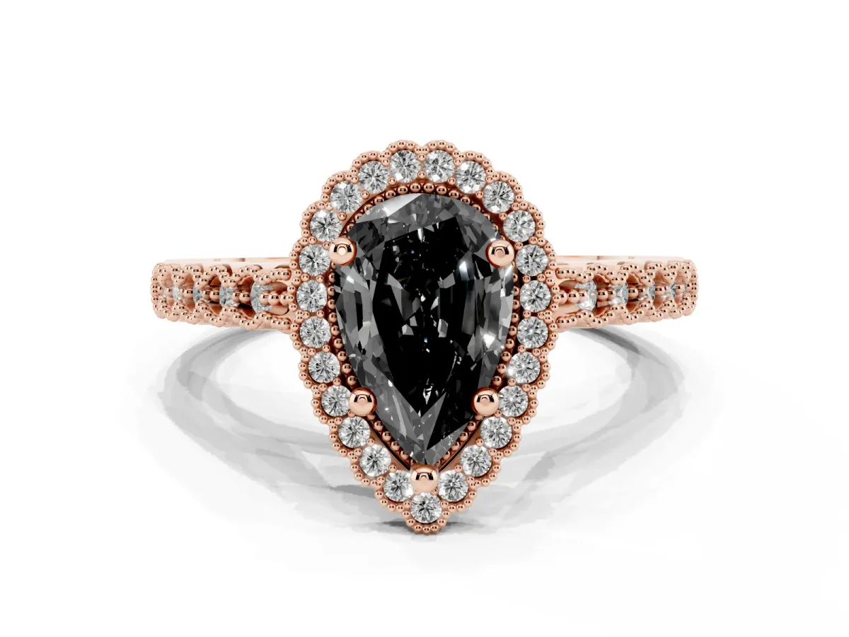 Fancy Black Pear Cut Cut Halo Pavé Solitaire Ring with Milgrain Band Rose gold