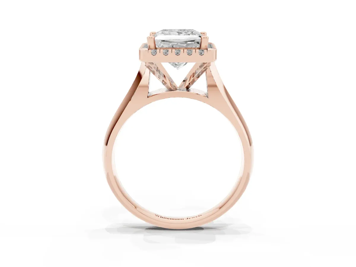 Princess Cut Cut Halo Solitaire Engagement Ring with Square Band and Four-Prong Setting Rose gold