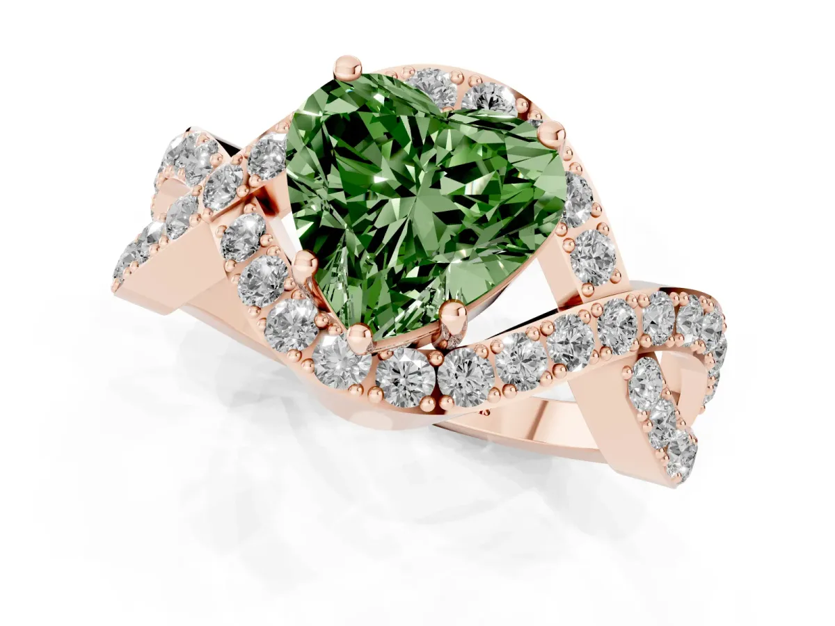 Fancy Green Heart Cut Solitaire Twist Band Pavé Diamond Engagement Ring Rose gold