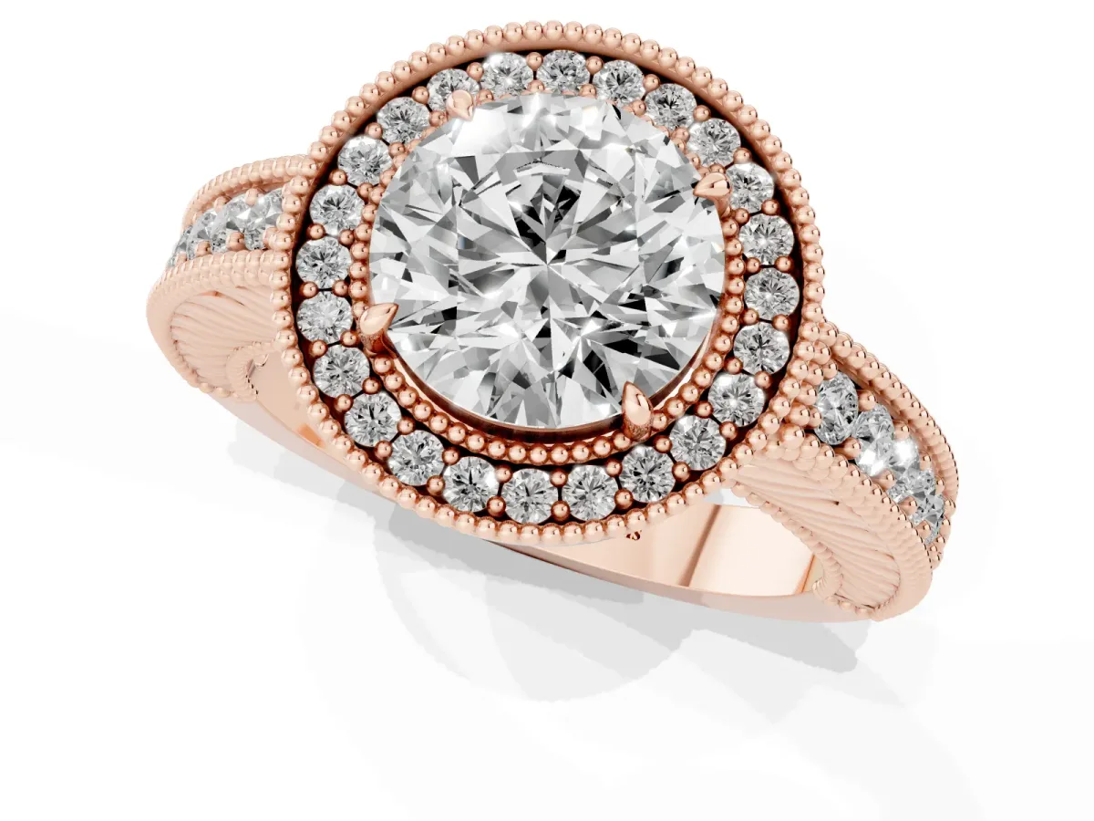 Round Cut Cut Halo Diamond Ring with Pavé Band and Four-Prong Setting Rose gold