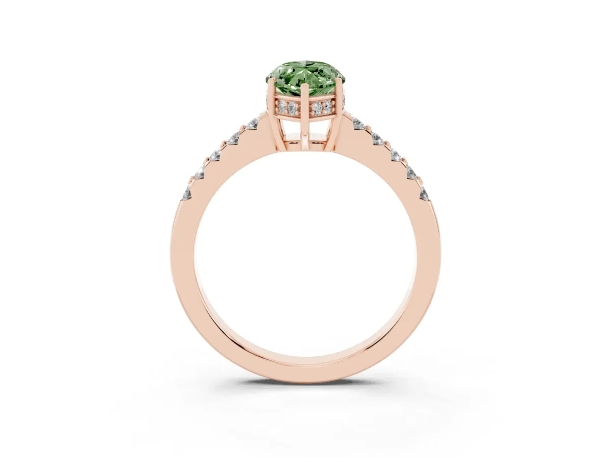 Fancy Green Marquise Cut Solitaire Diamond Engagement Ring with Pavé Band and Six-Prong Setting Rose gold