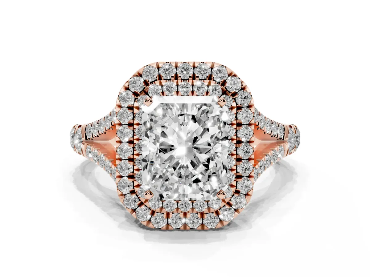 Radiant Cut Diamond Double Halo Ring with Split Shank and Prong Setting Rose gold