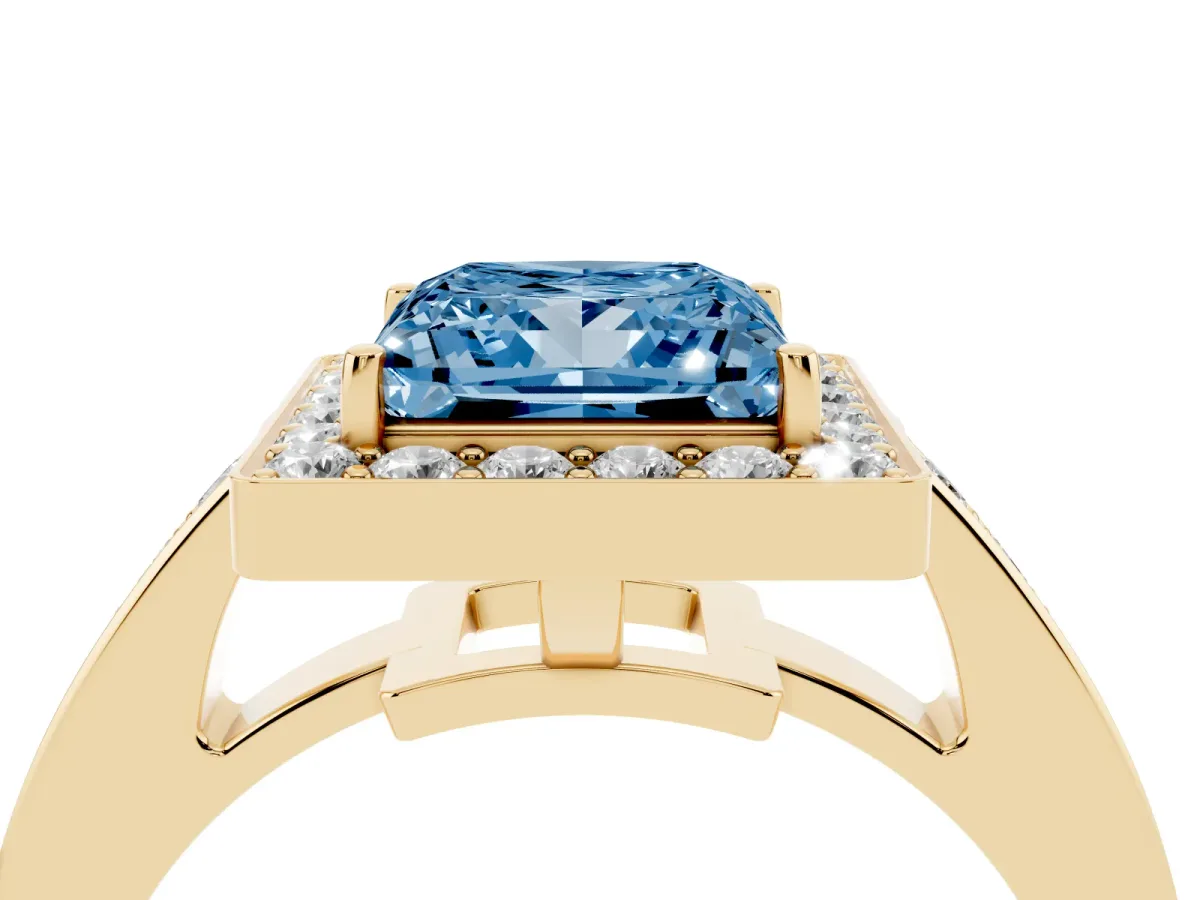 Fancy Blue Princess Cut Halo Pavé Diamond Engagement Ring with Bezel Setting Yellow gold
