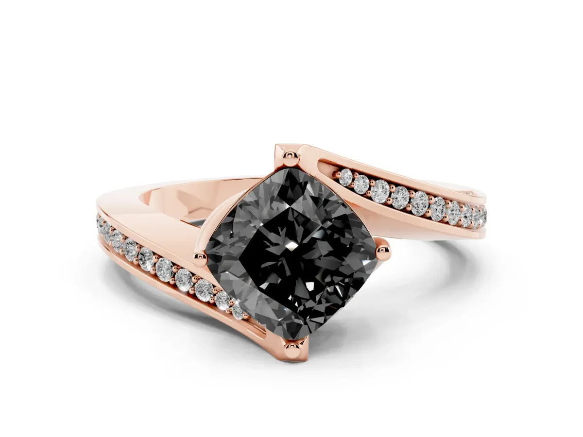 Fancy Black Cushion Cut Solitaire Diamond Twist Band with Pavé Setting and Four-Prong Setting Rose gold