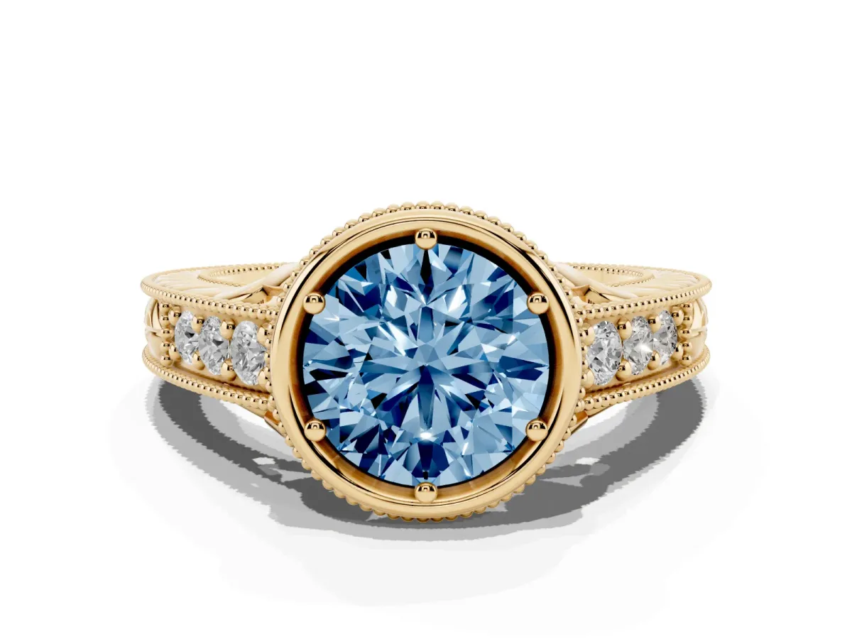 Fancy Blue Bezel Set Round Cut Diamond Milgrain Pave Engagement Ring Yellow gold