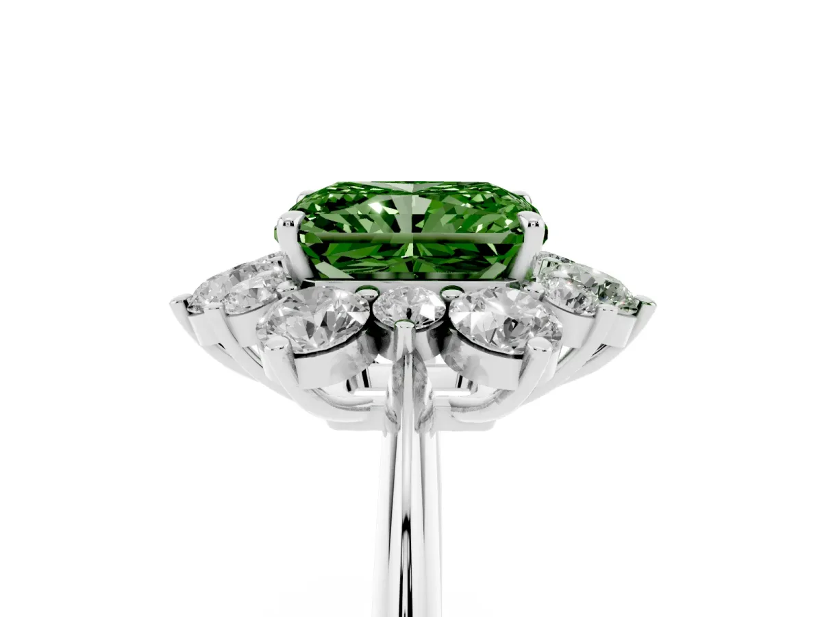 Fancy Green Radiant Cut Diamond Cluster Halo Ring with Solitaire Band and Four-Prong Setting Silver