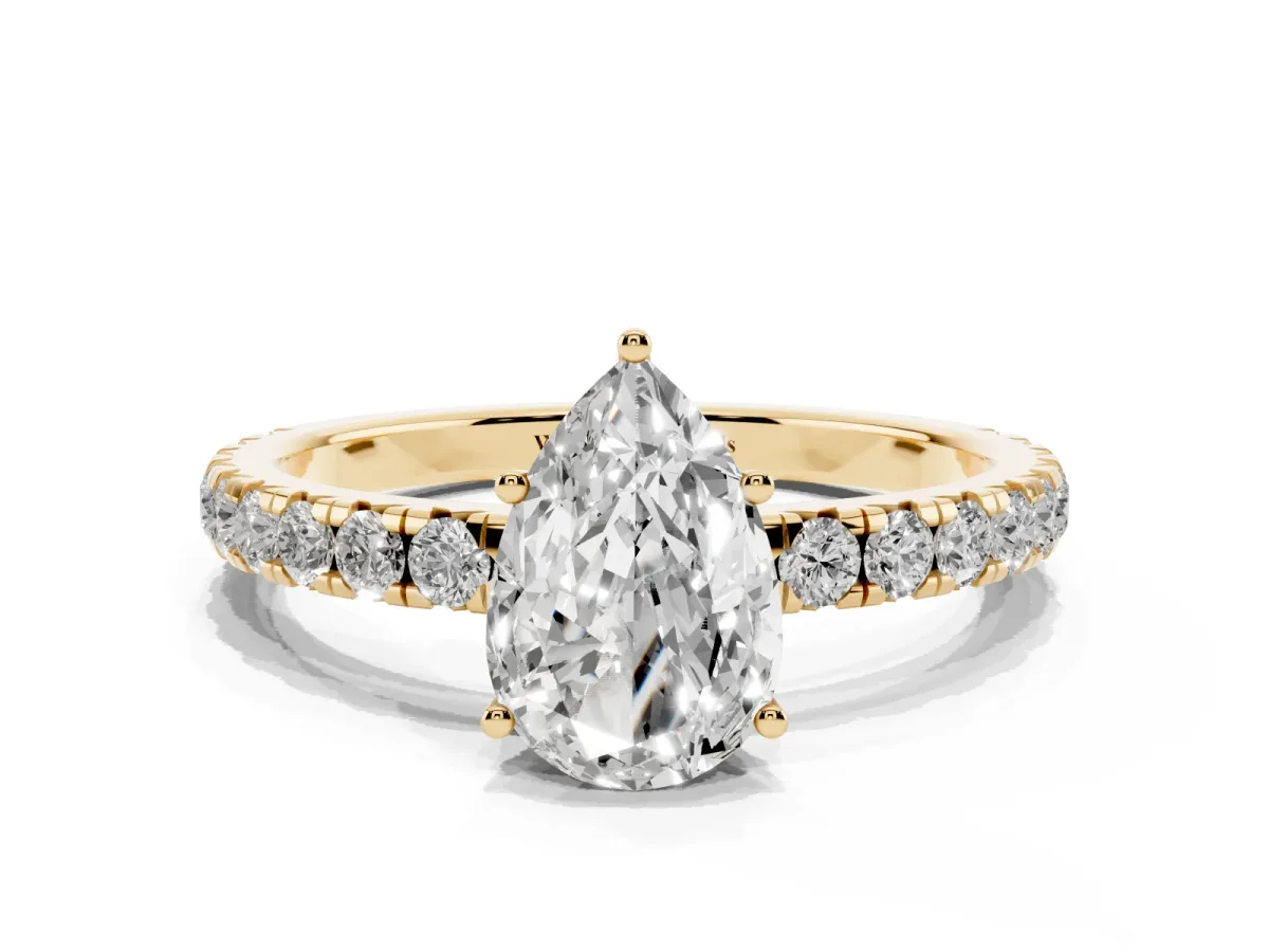 Pear Cut Diamond Pavé Solitaire Engagement Ring with Four-Prong Setting Yellow gold