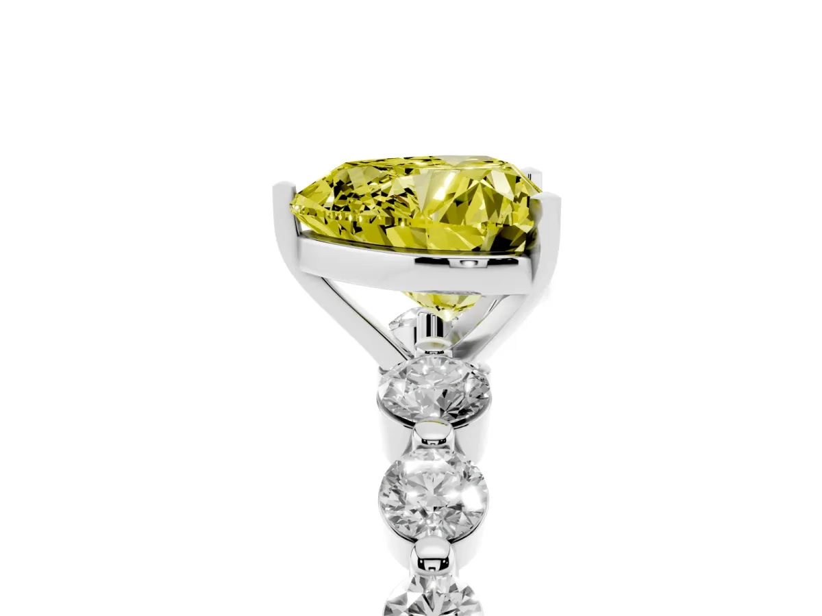 Fancy Yellow Heart Cut Solitaire Diamond Ring with Pave Band and Four-Prong Setting Silver