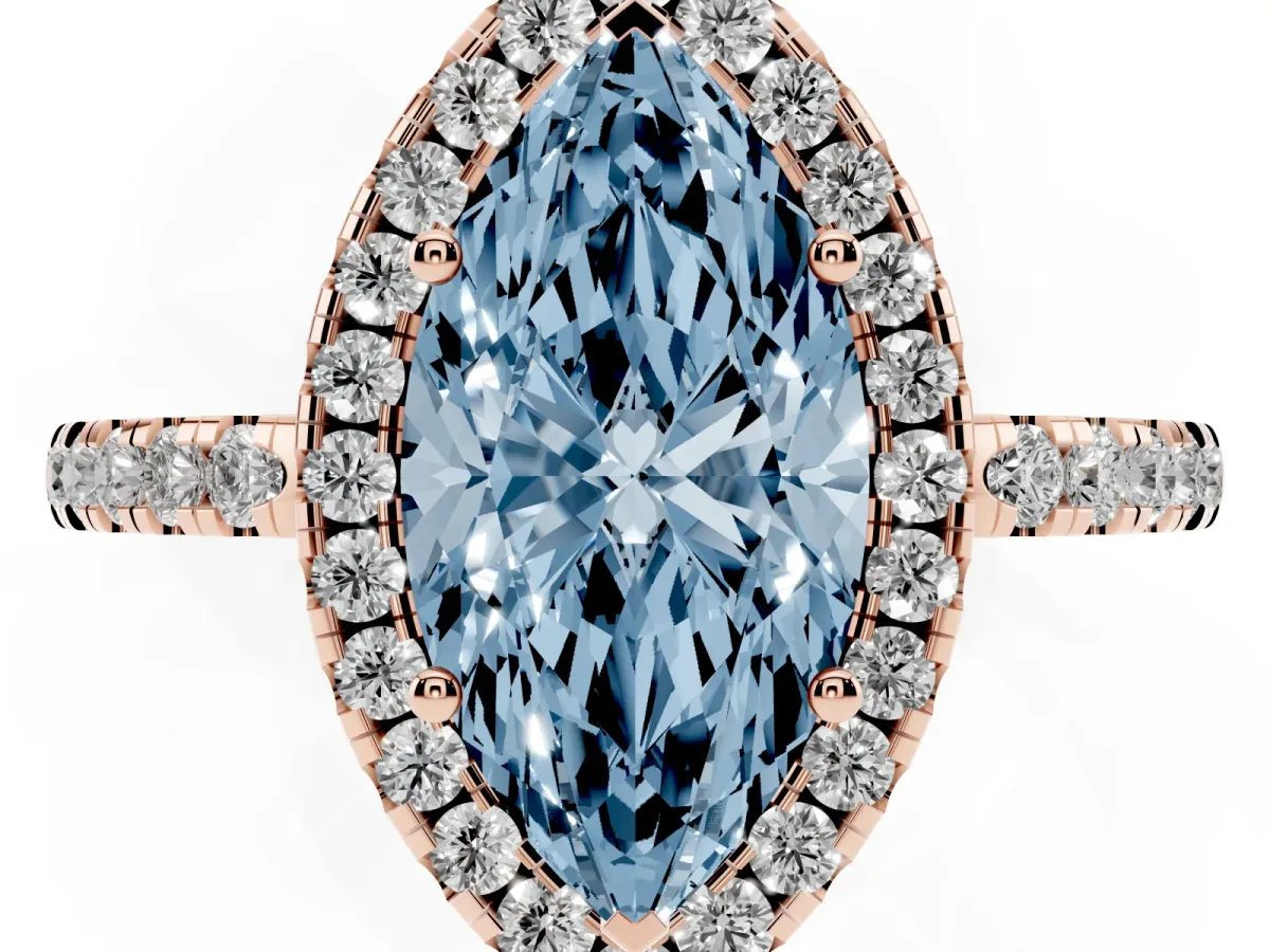 Fancy Blue Marquise Cut Halo Diamond Engagement Ring with Pavé Band and Four-Prong Setting Rose gold