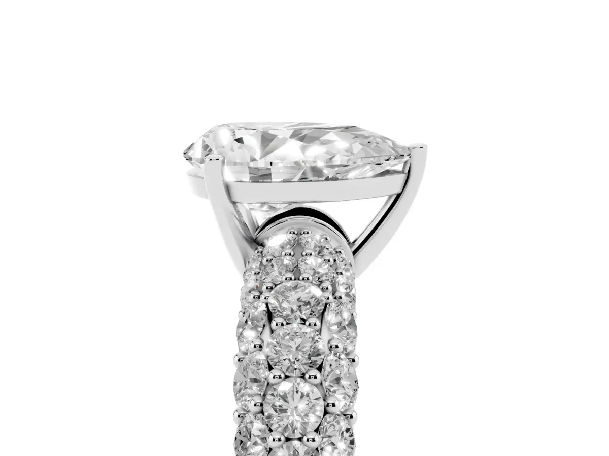 Pear Cut Diamond Pavé Band Solitaire Ring with Four-Prong Setting Silver