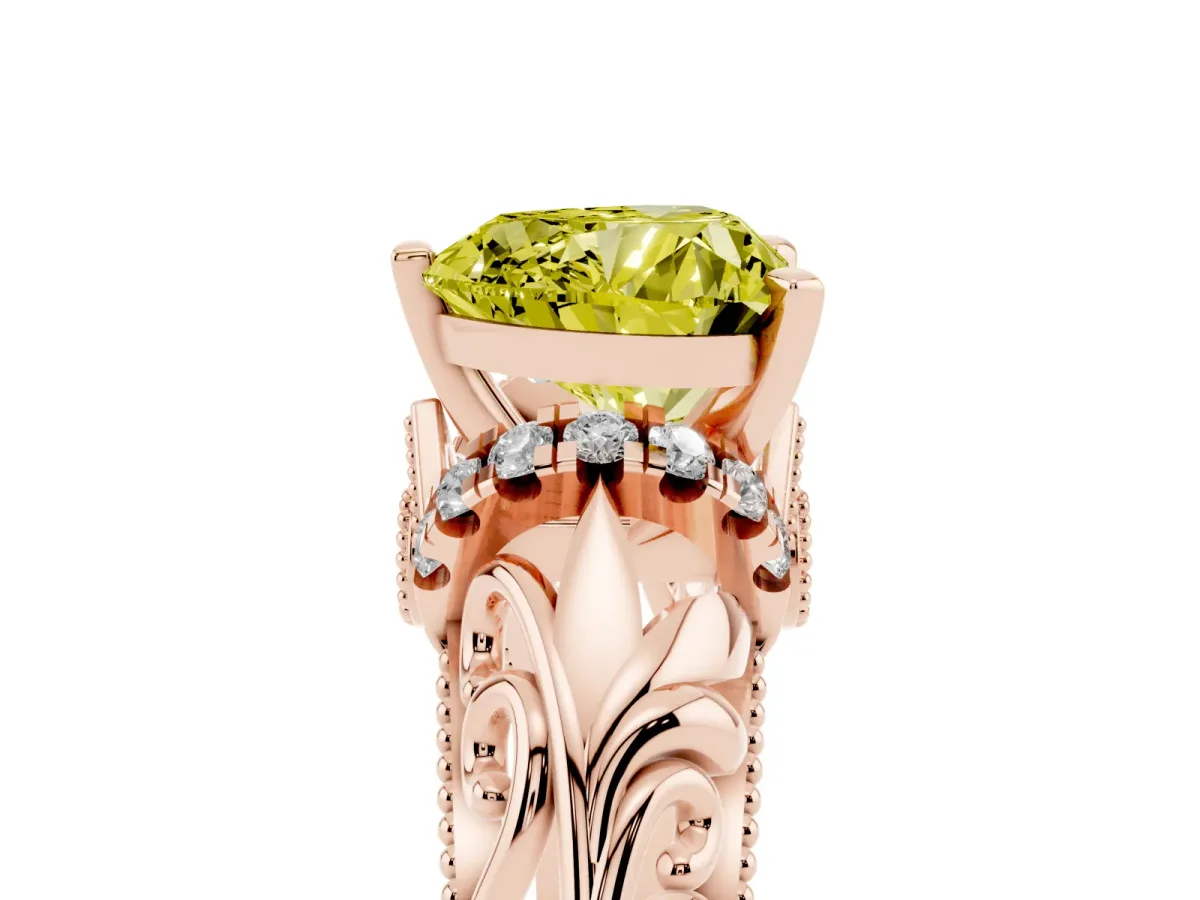 Fancy Yellow Heart Cut Solitaire Filigree Engagement Ring with Halo and Prong Setting Rose gold