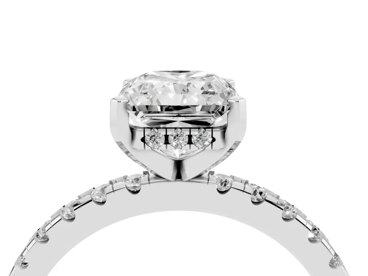 Radiant Cut Diamond Solitaire Ring with Round Pavé Band and Four-Prong Setting Silver