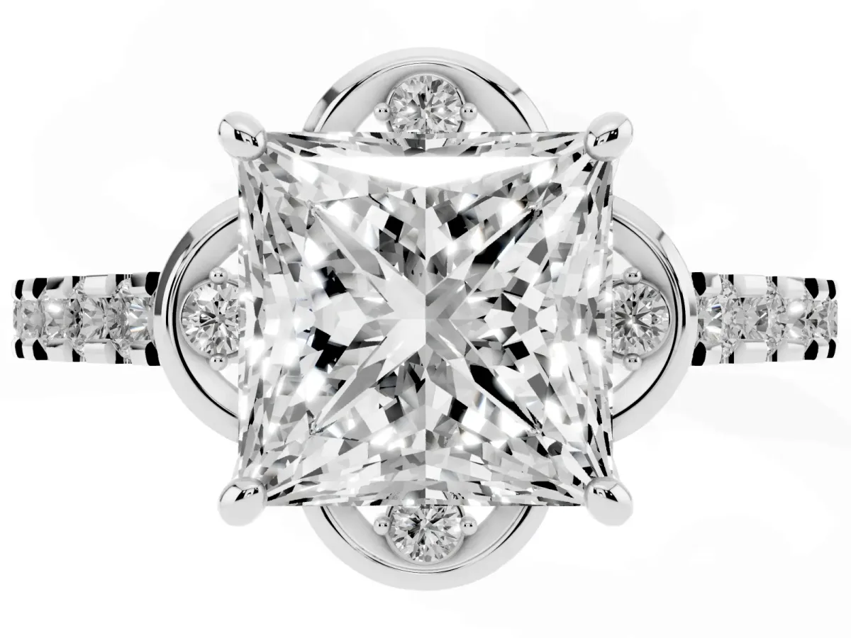 Princess Cut Diamond Ring with Pavé Band and Floral Prong Setting Silver