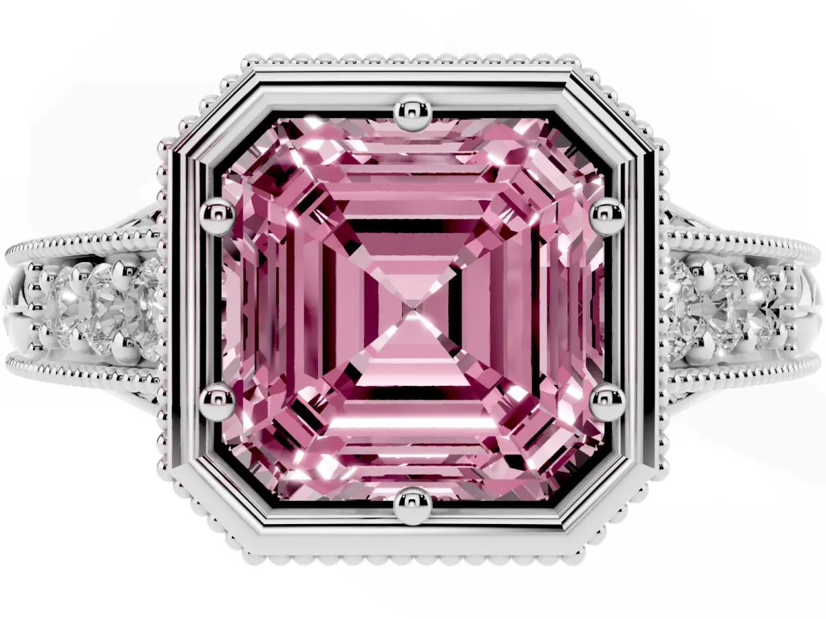 Fancy Pink Bezel Set Asscher Cut Diamond Milgrain Pave Engagement Ring Platinum