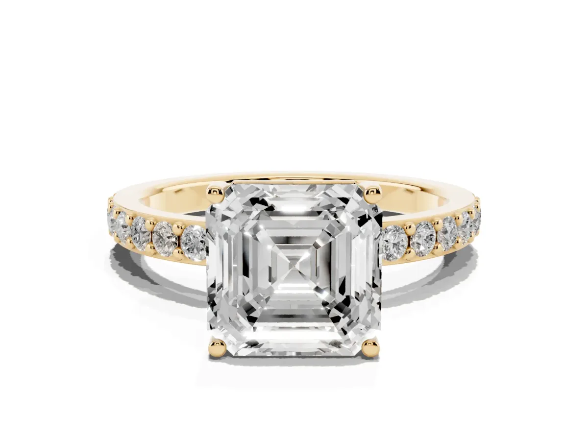 Asscher Cut Cut Diamond Solitaire with Pave Band and Four-Prong Setting Yellow gold