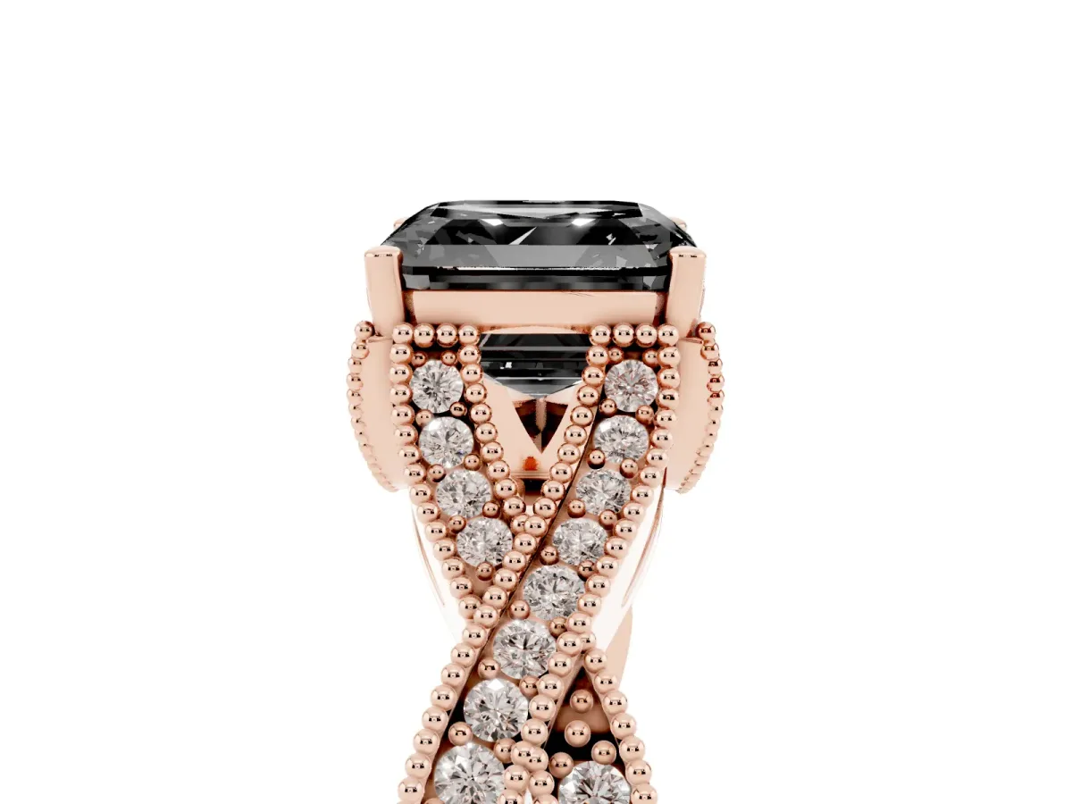 Fancy Black Asscher Cut Cut Diamond Twisted Band with Milgrain Pave Setting and Four-Prong Setting Rose gold