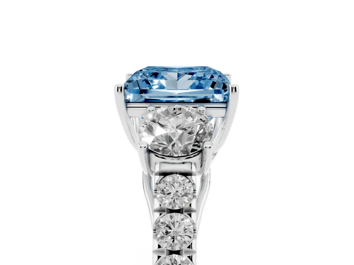 Fancy Blue Princess Cut Cut Diamond Three-Stone Ring with Round Side Stones and Pavé Band Platinum