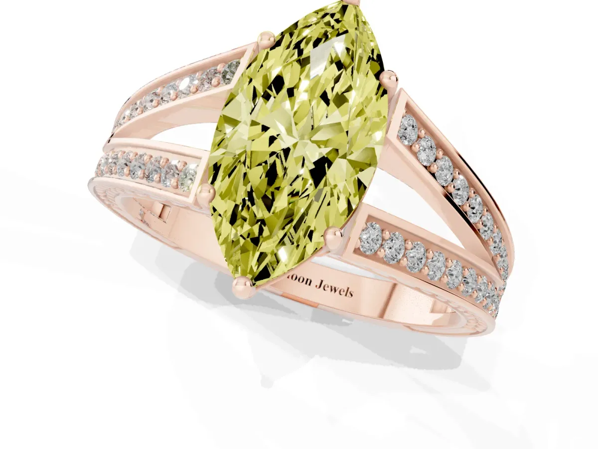 Fancy Yellow Marquise Cut Diamond Split Shank Ring with Pavé Band and Four-Prong Setting Rose gold