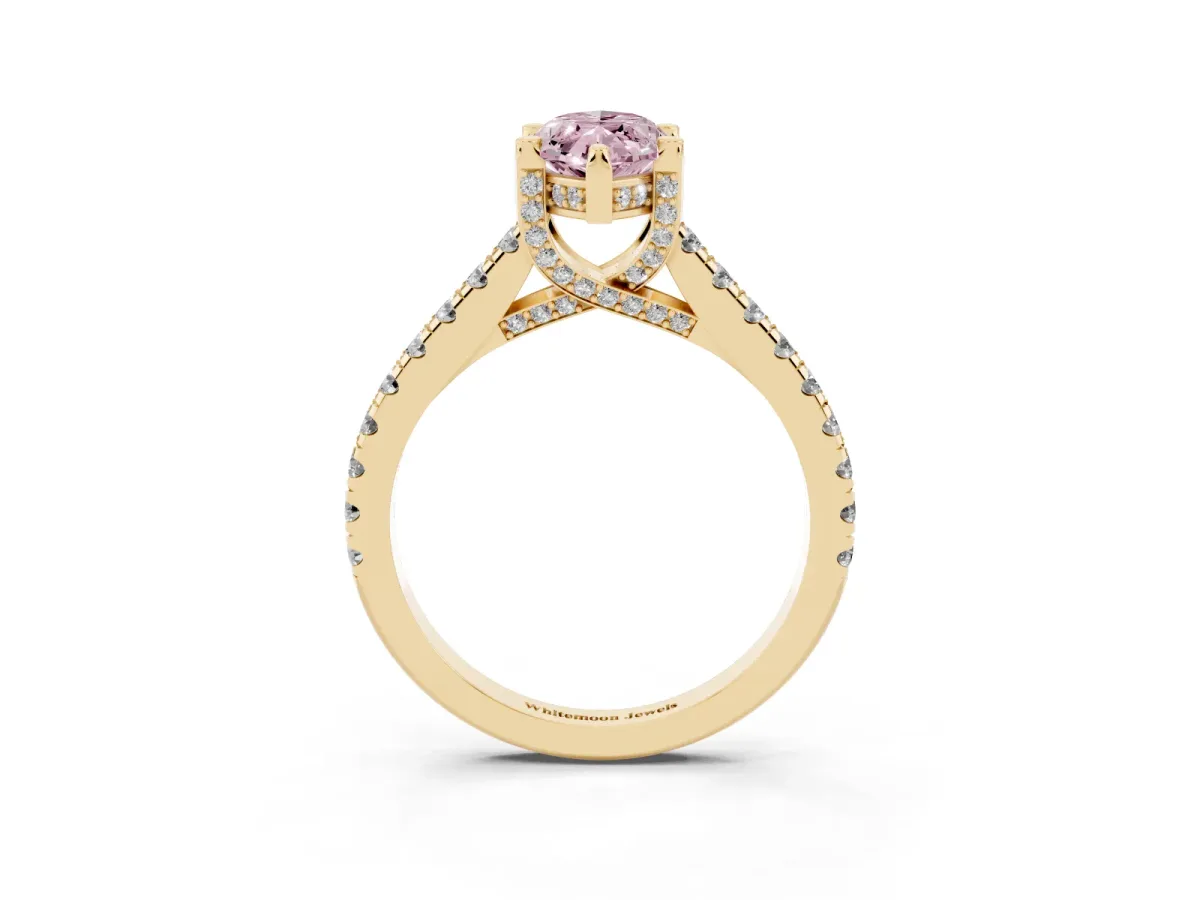 Fancy Pink Marquise Cut Brilliant Diamond Solitaire with Pavé Band and Four-Prong Setting Yellow gold