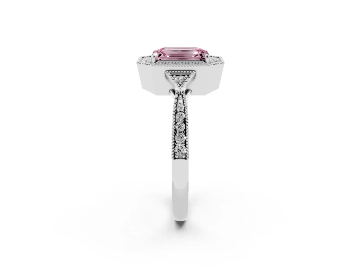 Fancy Pink Emerald Cut Halo Round Diamond Milgrain Pave Engagement Ring Silver