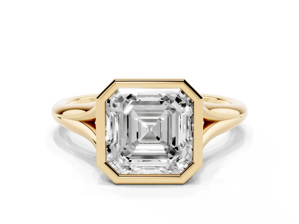 Bezel Set Asscher Cut Cut Solitaire Ring with Tapered Band Yellow gold