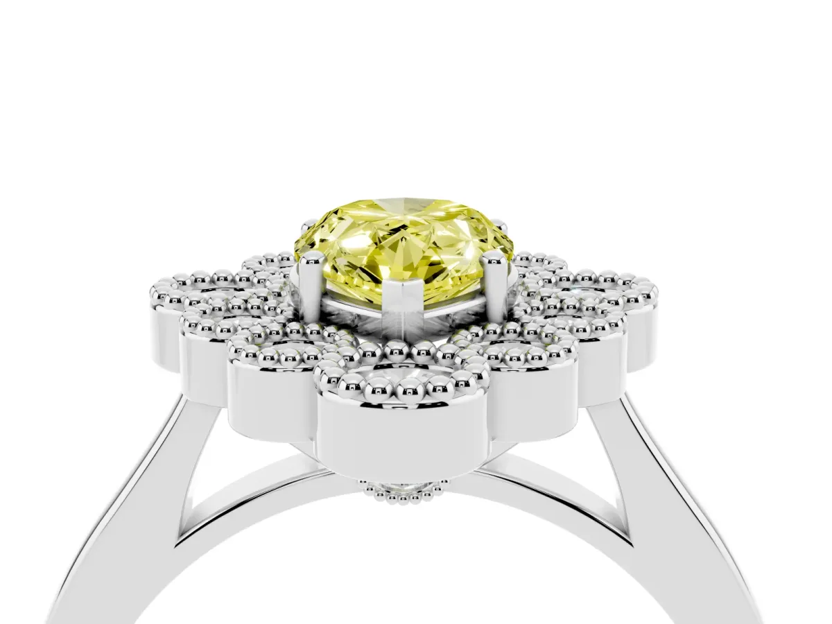 Fancy Yellow Pear Cut Halo Diamond Cluster Engagement Ring with Milgrain Bezel Setting and Solitaire Band Platinum